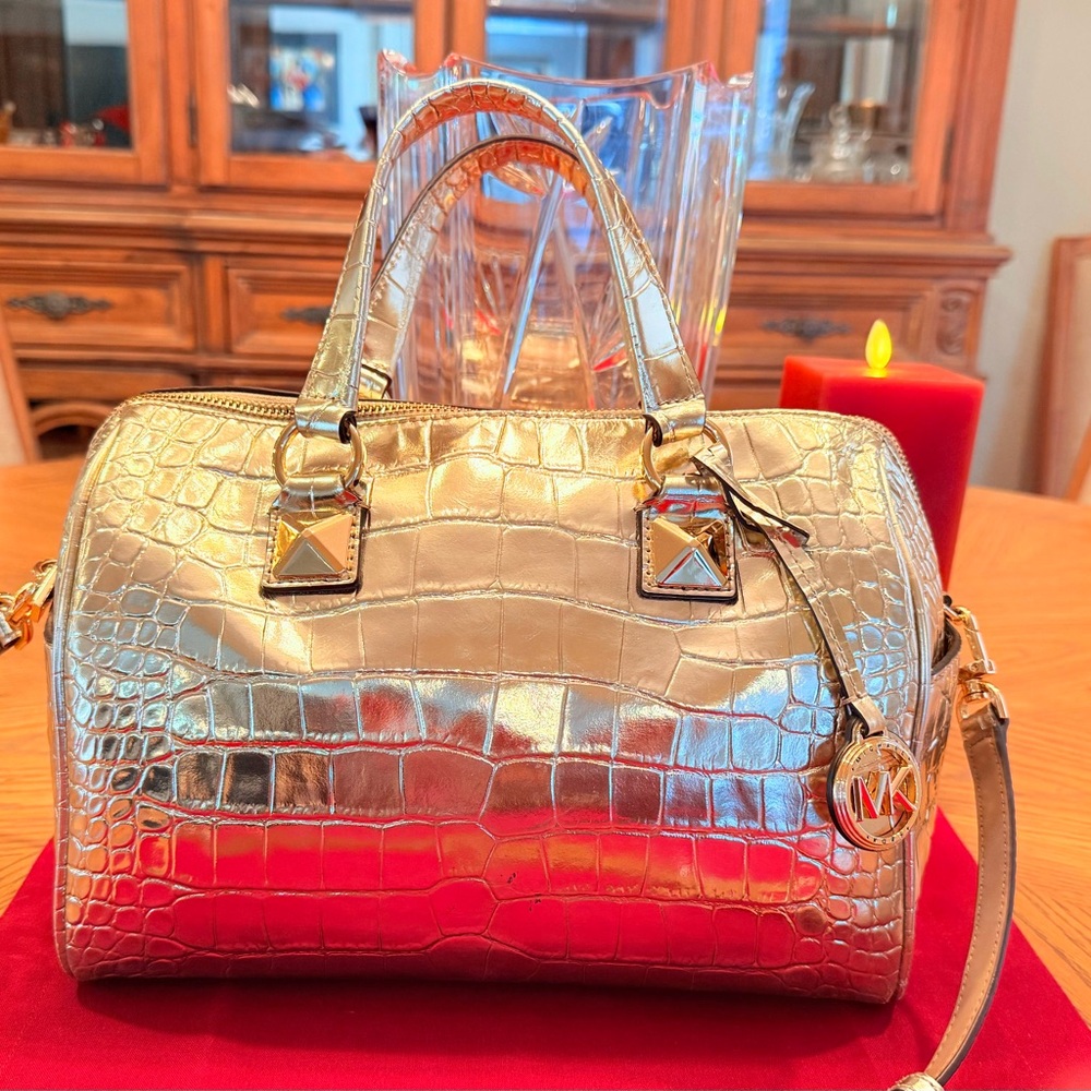 Michael Kors Grayson Metallic Gold Croc Embossed Leather Satchel, Tote EUC